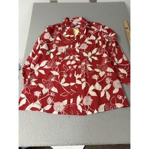 Yi Lin Shirt Womens 2X Red Floral 100% Silk Button Front Beaded Top Blouse